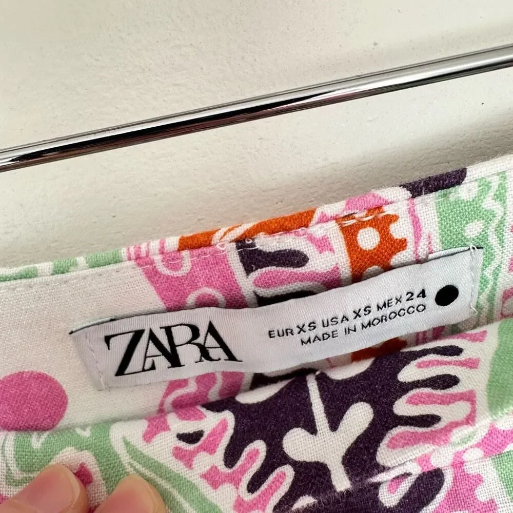 Zara Women’s Extra Small Paisley Patterned Linen Blend Wide Leg Pants Boho